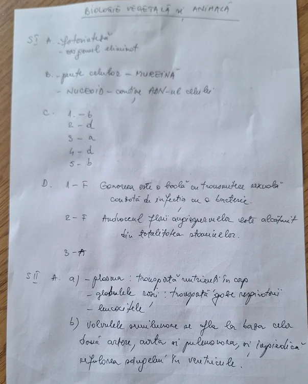 Rezolvare subiect Biologie vegetală și animală, pag. 1 din 4