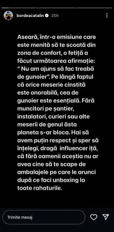 Postarea lui Bordea - Foto: Instagram