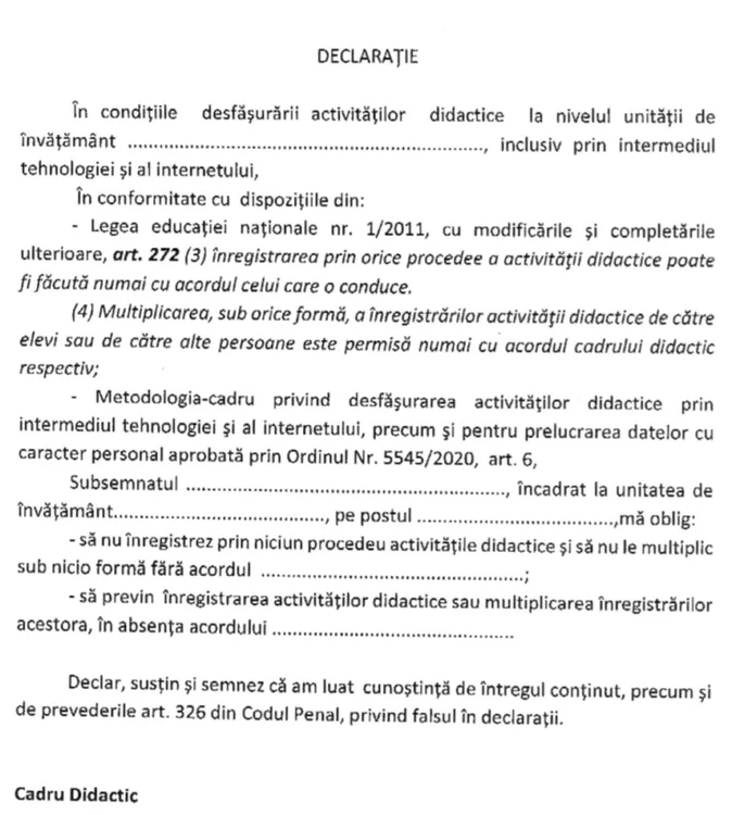 Declarați pe proprie răspundere care trebuie semnată de profesori