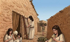 Ilustrație reprezentând prelucrarea textilelor în Epoca Bronzului, așa cum este documentată la Cabezo Redondo (© Desen de J. A. López Padilla)