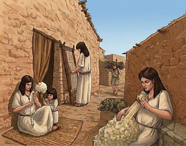 Ilustrație reprezentând prelucrarea textilelor în Epoca Bronzului, așa cum este documentată la Cabezo Redondo (© Desen de J. A. López Padilla)