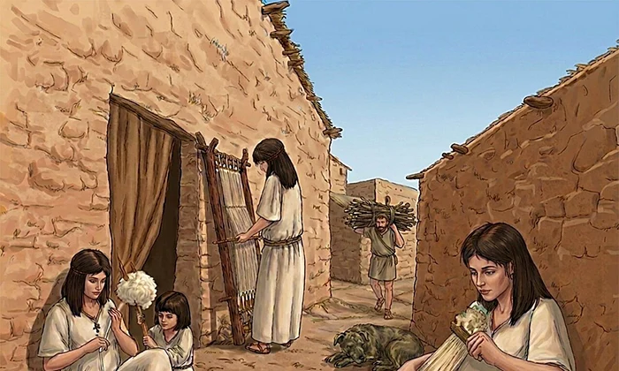 Ilustrație reprezentând prelucrarea textilelor în Epoca Bronzului, așa cum este documentată la Cabezo Redondo (© Desen de J. A. López Padilla)