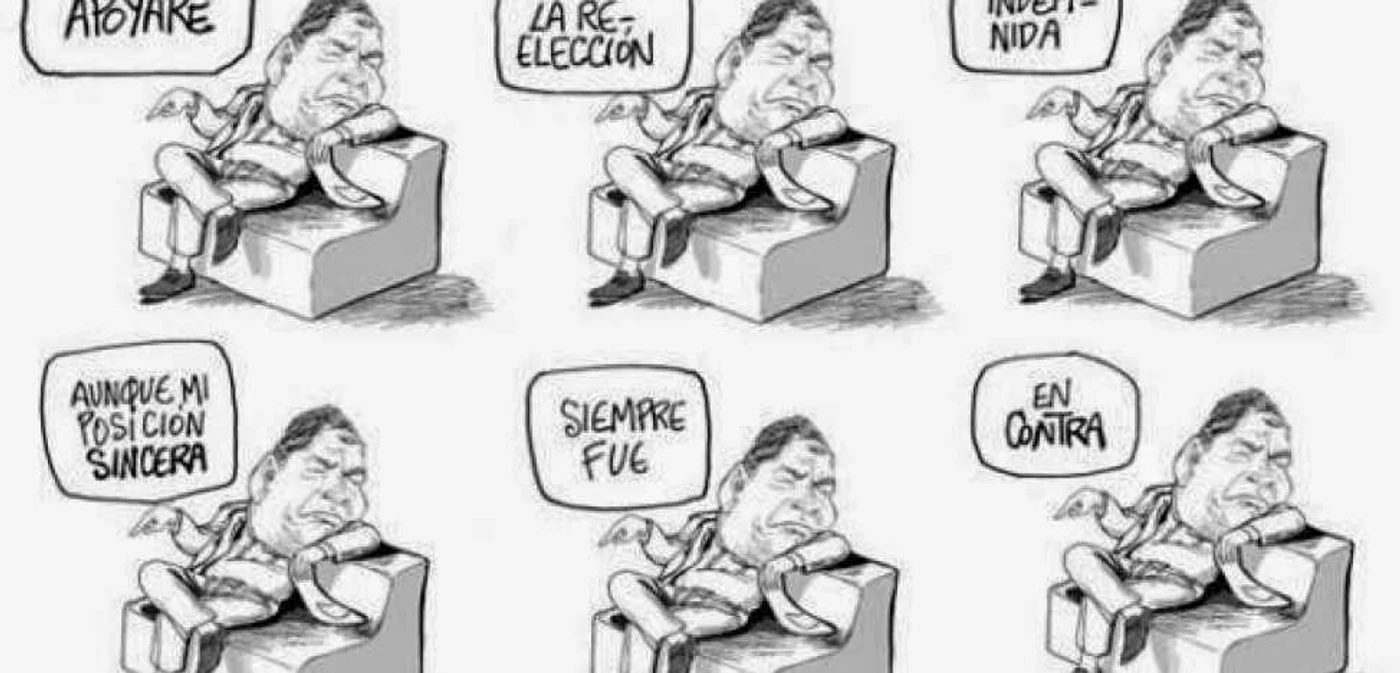 Caricatură semnată de Bonil care îl înfăţişează pe preşedintele Ecuadorului Rafael Correa criticând realegerea acestuia.