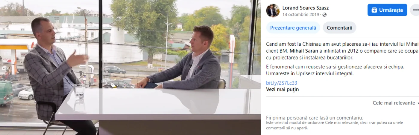 Lorand Soares Szasz îl promovează pe Facebook pe proprietarul Bismobil Kitchen. Captura FB