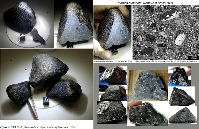 Meteoritul marțian NWA7034 Black Beauty sau Frumusețea Neagră descoperit în Sahara Colaj DMS