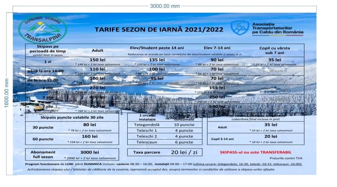Tarifele practicate în sezonul 2021 - 2022 pe pârtiile domeniului schiabil Transalpina - Vâlcea Foto Adevărul
