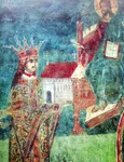 Strămoşii lui Lăpuşneanul, într-o frescă de la Mănăstirea Dobrovăţ; de la stânga la dreapta: Petru Rareş, Ştefan cel Mare, Bogdan al III-lea