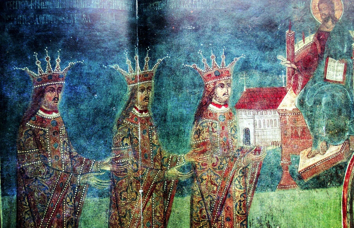 Strămoşii lui Lăpuşneanul, într-o frescă de la Mănăstirea Dobrovăţ; de la stânga la dreapta: Petru Rareş, Ştefan cel Mare, Bogdan al III-lea