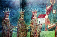 Strămoşii lui Lăpuşneanul, într-o frescă de la Mănăstirea Dobrovăţ; de la stânga la dreapta: Petru Rareş, Ştefan cel Mare, Bogdan al III-lea