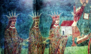 Strămoşii lui Lăpuşneanul, într-o frescă de la Mănăstirea Dobrovăţ; de la stânga la dreapta: Petru Rareş, Ştefan cel Mare, Bogdan al III-lea