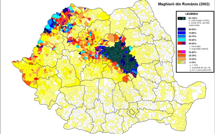 Răspândirea maghiarilor din România în anul 2002