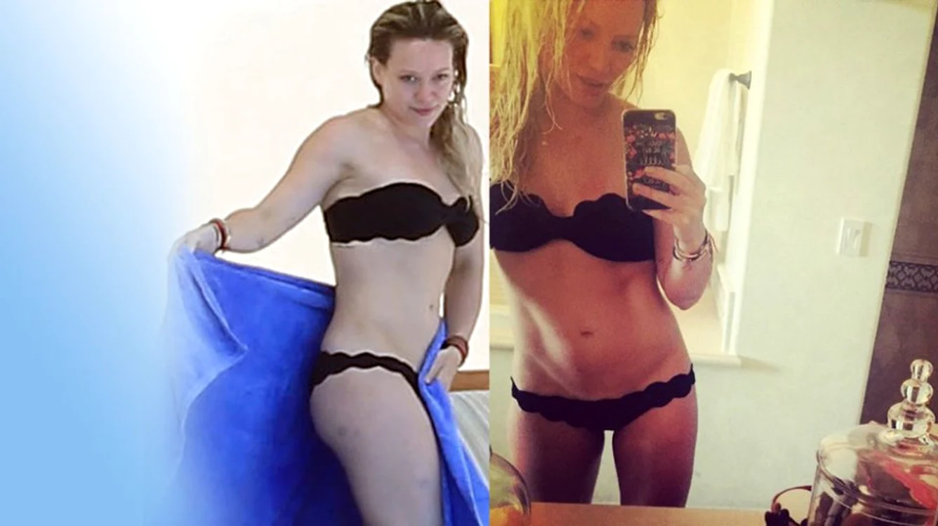 Hillary Duff, fotografiată de paparazzi (în stânga) şi în imaginea publicată de ea pe Instagram (în dreapta)