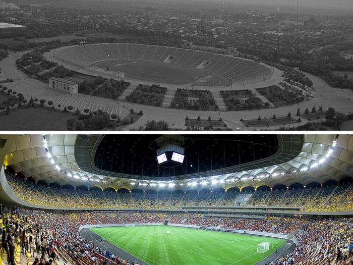 Fostul Stadion Național (sus) și Arena Națională/FOTO: Colaj foto Wikipedia