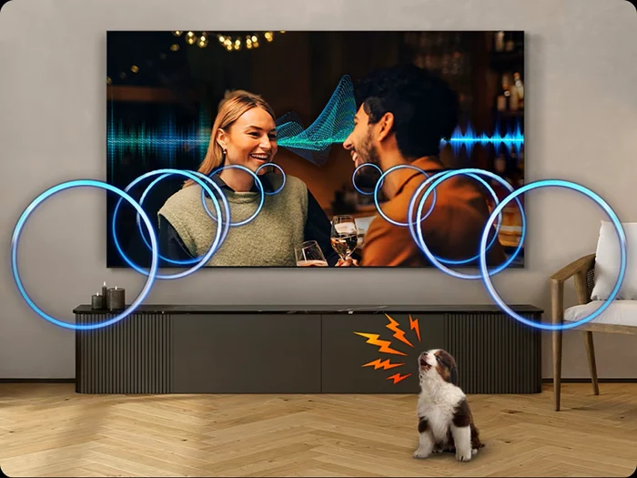Televizor TCL premium într-un living, cu film redat pe ecran și sunet puternic Foto eMAG