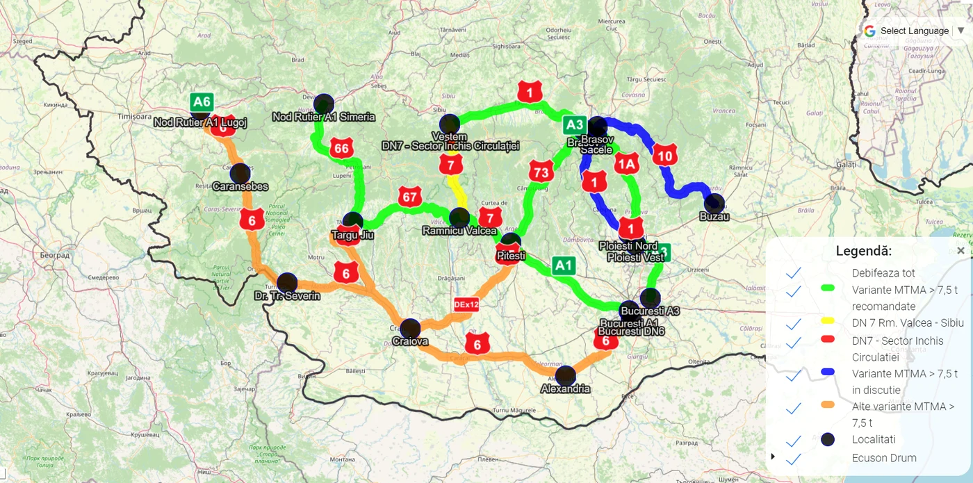 Hartă Rute ocolitoare Valea Oltului -  Captură CNAIR 