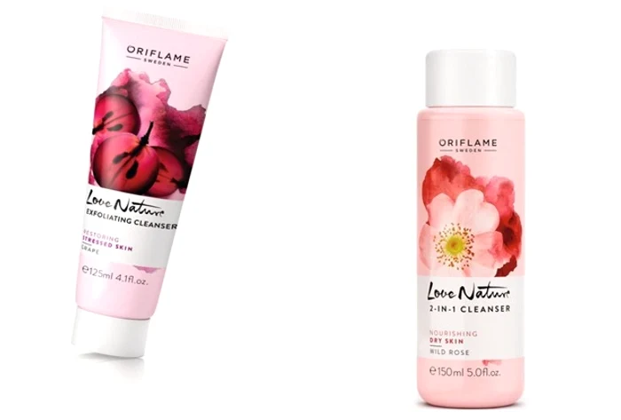 Demachiant exfoliant pentru curăţarea tenului, cu extract din struguri, şi demachiant 2 în 1 cu extract din trandafir salbatic, 13.99 lei fiecare, la Oriflame