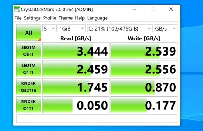 Laptop Acer ConcepD 5PRO  test CrystalDiskMark