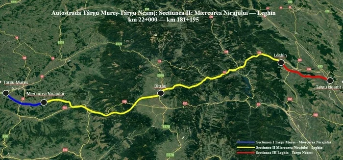 Harta Autostrăzii Unirea, lotul Miercurea Nirajului - Sărăţeni