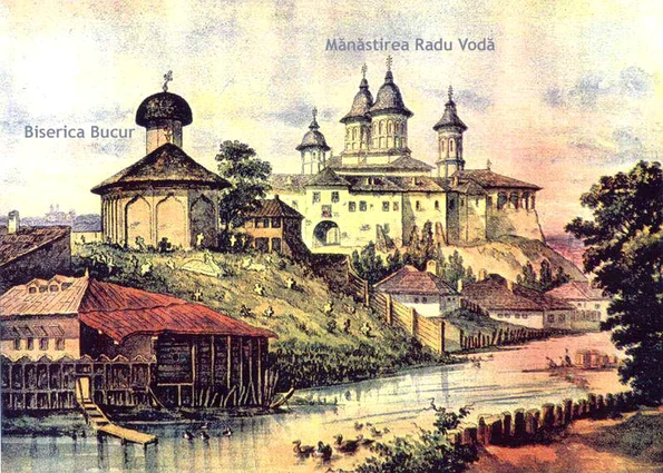 Biserica Bucur în secolul XVIII în ansamblul mănăstirii Radu Vodă (© Wikipedia)