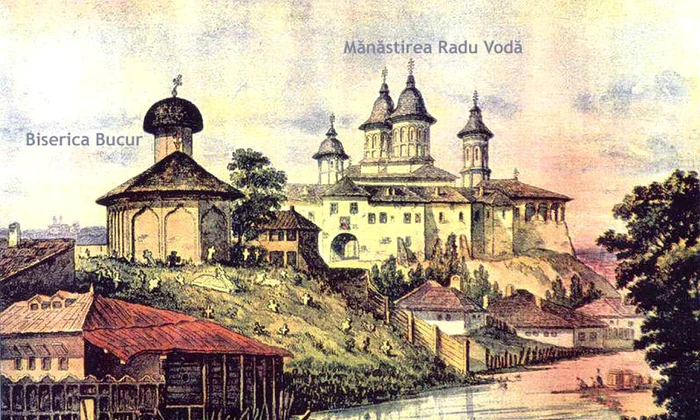 Biserica Bucur în secolul XVIII în ansamblul mănăstirii Radu Vodă (© Wikipedia)