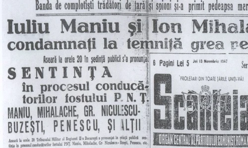 Sentința procesului liderilor PNȚ, publicată în ziarul Scânteia la 13 noiembrie 1947 (© Andrea Dobeş - Iuliu Maniu, un creator de istorie / Wikimedia Commons)