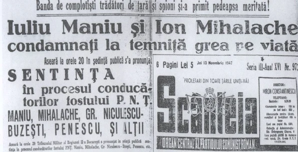 Sentința procesului liderilor PNȚ, publicată în ziarul Scânteia la 13 noiembrie 1947 (© Andrea Dobeş - Iuliu Maniu, un creator de istorie / Wikimedia Commons)