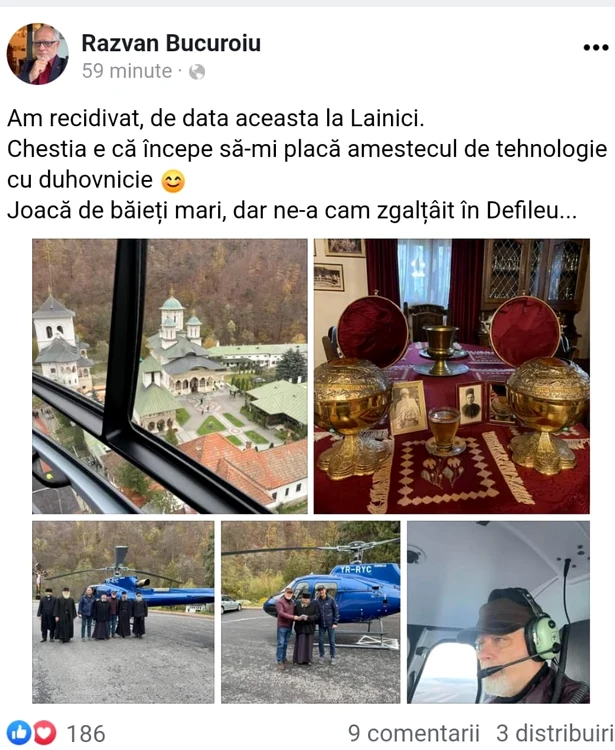 Răzvan Bucuroiu a venit cu elicopterul la Mănăstirea Lainici Foto: Facebook