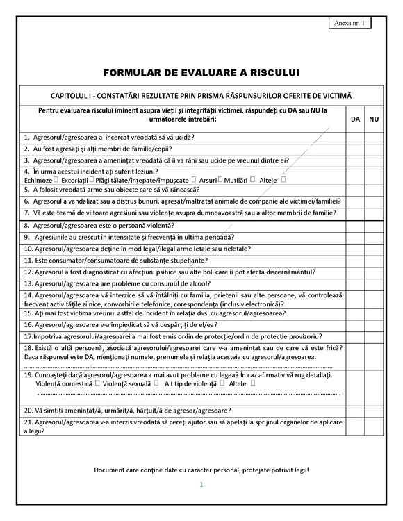 Așa arată formularul de evaluare a riscului pe care victima unei agresiuni fizice trebuie să-l completeze în fața polițiștilor