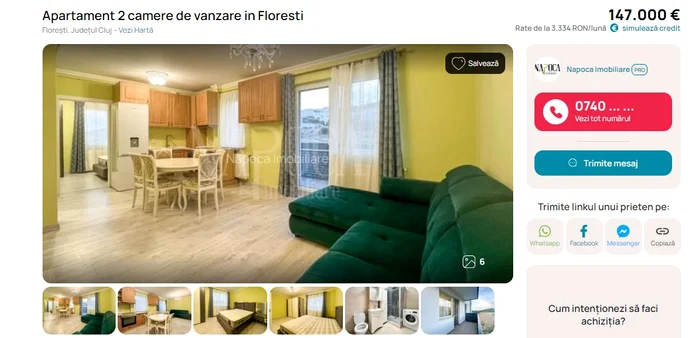 Apartament din Florești la 147.000 de euro. FOTO: Screenshot imobiliare.ro