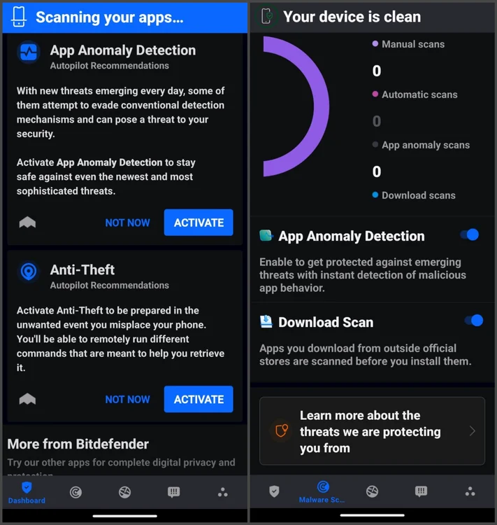 Capturi din Bitdefender Mobile Security.