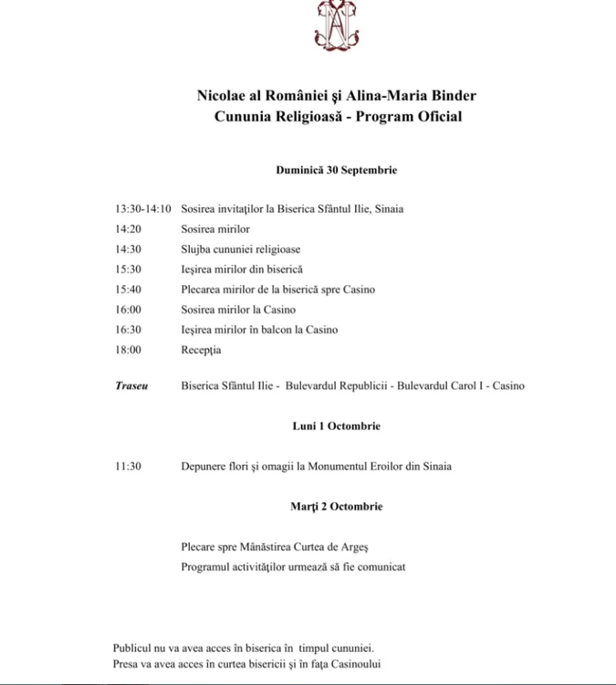 Acesta este programul nunţii fostului principe Nicolae cu aleasa inimii sale, Alina Binder