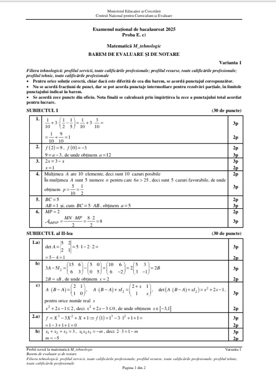 Bareme pentru subiectele la matematică, profilul tehnologic. FOTO Edu.ro