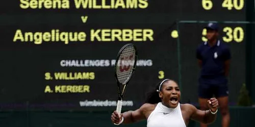 Serena Williams se bucură după ce a câştigat finala de la Wimbledon împotriva germancei Angelique Kreber. FOTO AP