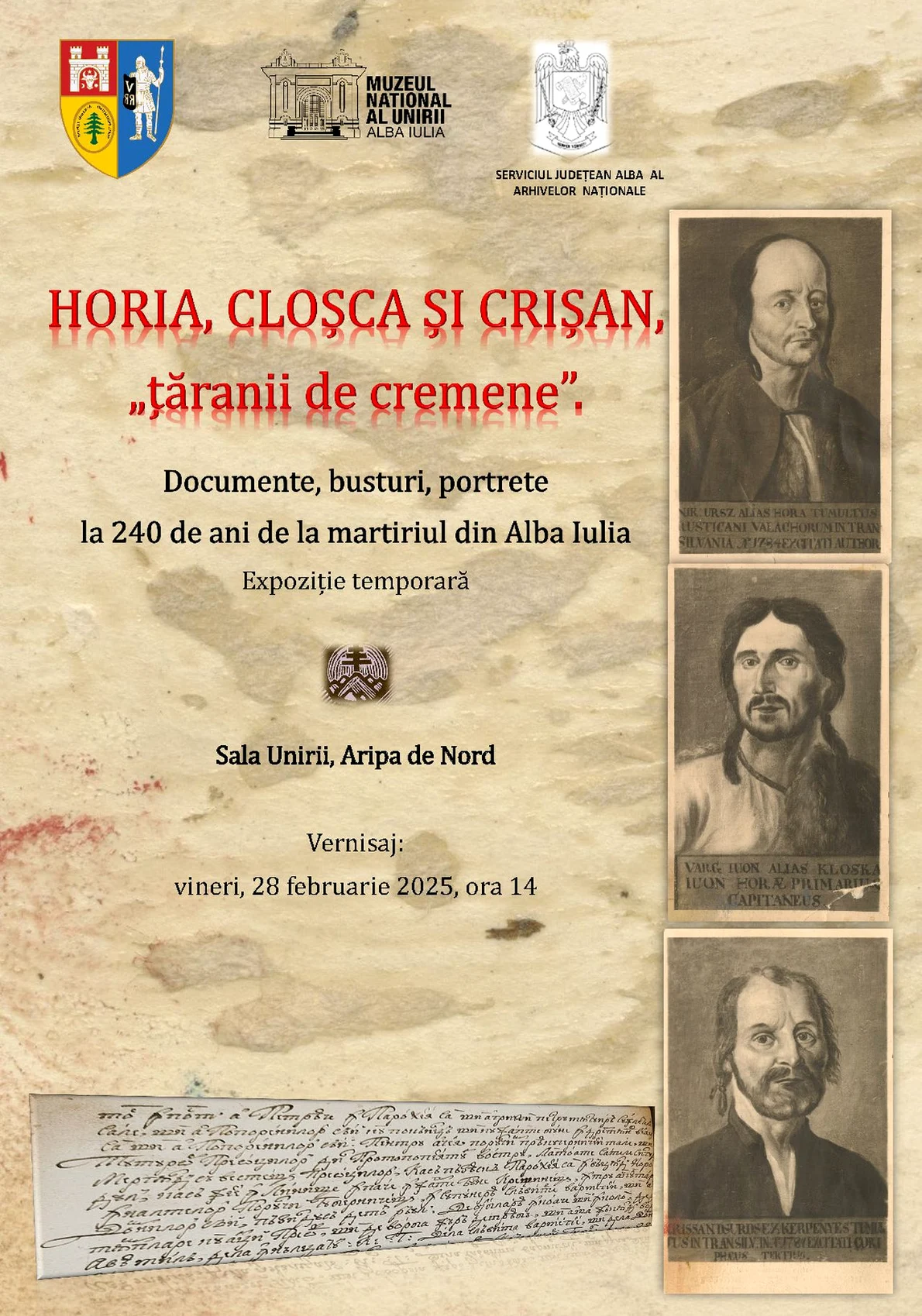 Horea, Cloșca și Crișan, „țăranii de cremene”, expoziție la 240 de ani de la martiriul din Alba Iulia