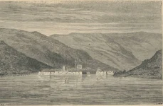 Insula Ada-Kaleh, în secolul XIX. Gravură de Auguste Dieudonne (© Muzeul Municipiului București)
