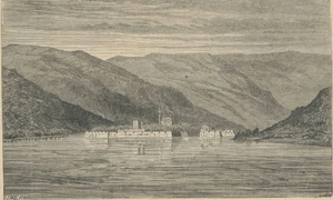 Insula Ada-Kaleh, în secolul XIX. Gravură de Auguste Dieudonne (© Muzeul Municipiului București)