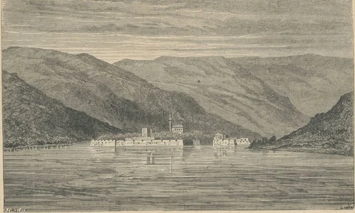 Insula Ada-Kaleh, în secolul XIX. Gravură de Auguste Dieudonne (© Muzeul Municipiului București)