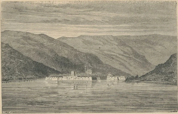 Insula Ada-Kaleh, în secolul XIX. Gravură de Auguste Dieudonne (© Muzeul Municipiului București)