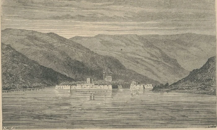 Insula Ada-Kaleh, în secolul XIX. Gravură de Auguste Dieudonne (© Muzeul Municipiului București)