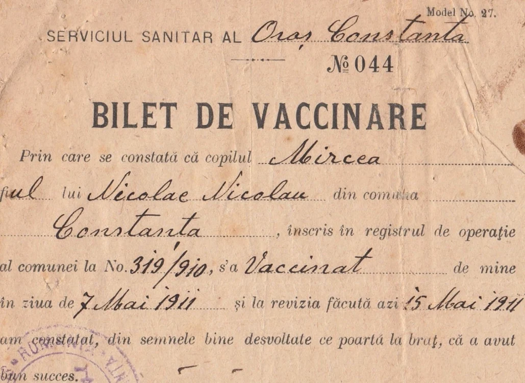 Bilet de vaccinare 1911 Arhiva personală a familiei Mircea Nicolau