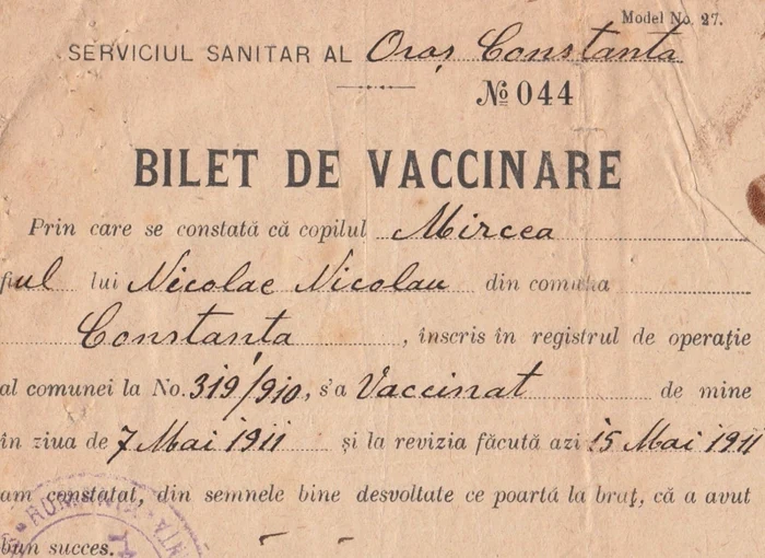 Bilet de vaccinare 1911 Arhiva personală a familiei Mircea Nicolau