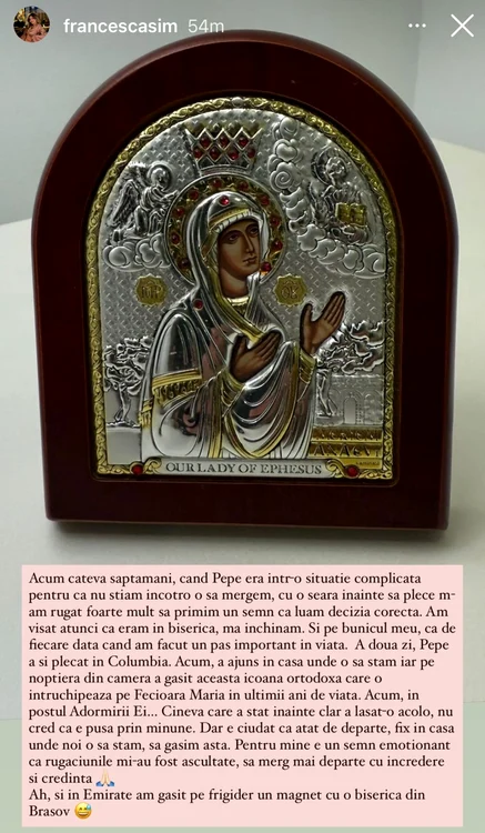 Mesajul transmis de către Francesca, partenera lui Juan Bauza, pe Instagram 
