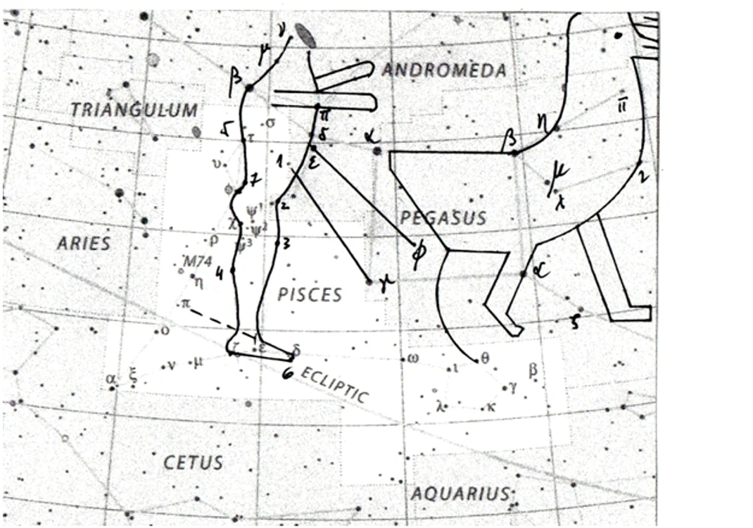 Fig. 4. Reprezentarea pictogramei nr. 2 în constelația Andromeda și constelația Peștilor.