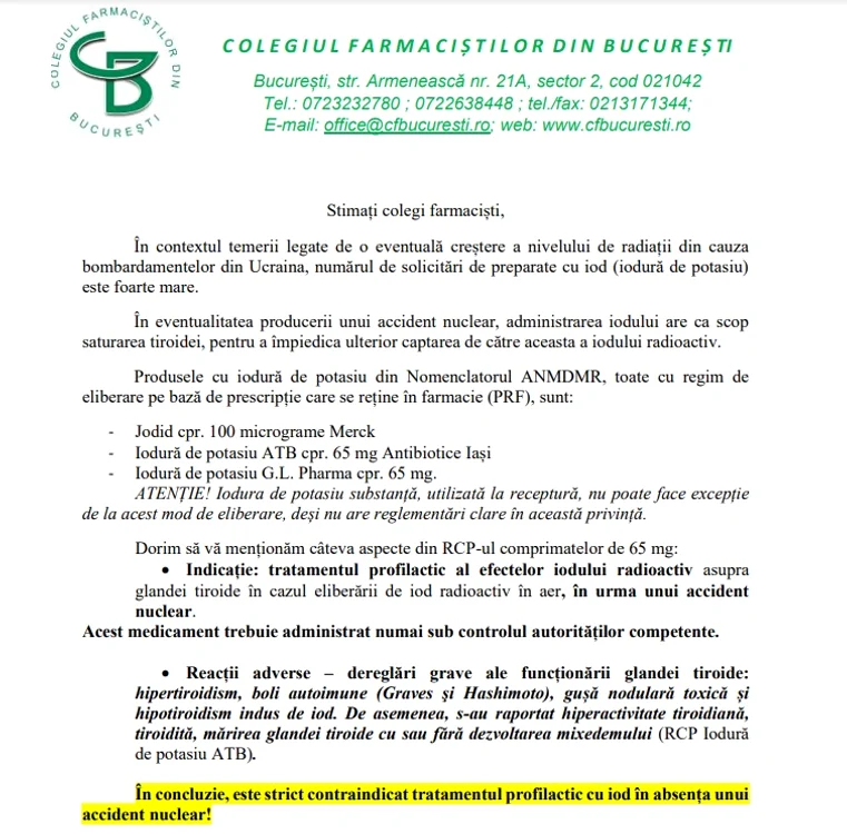 Nota de informare a Colegiului Farmaciștilor