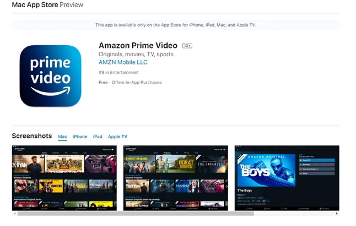 Aplicaţie Amazon Prime Video pentru MacOS.