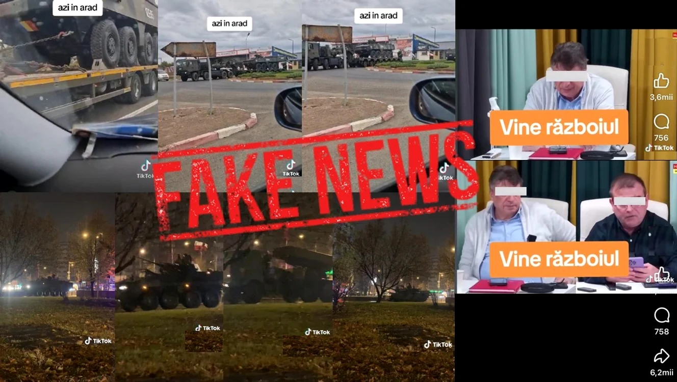 Colaj foto care prezintă diferite imagini, peste care scrie Fake News