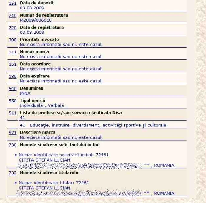 Lucian Gîtiţă a încercat să înregistreze marca "Inna" în 2009, dar nu a plătit taxa