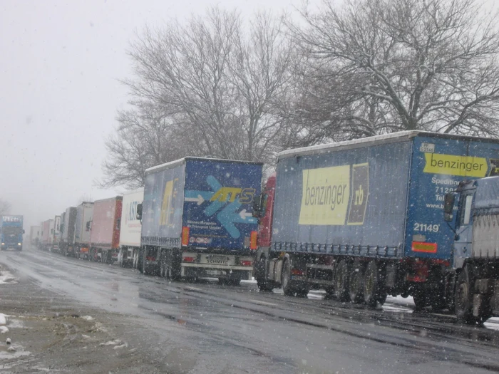 Sute de TIR-uri au fost blocate în această săptămână la Nădlac din cauza zăpezii din Ungaria FOTO Claudia Untaru