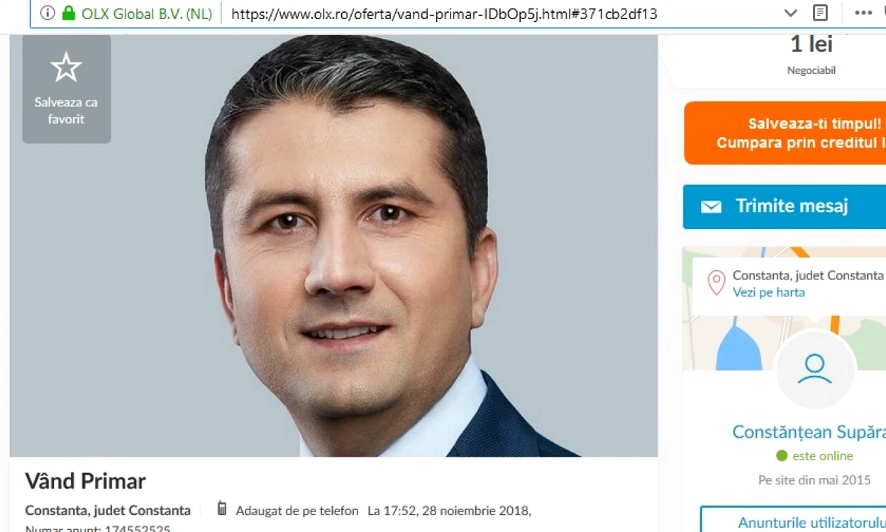 Primarul Constanţei, scos la vânzare pe OLX
