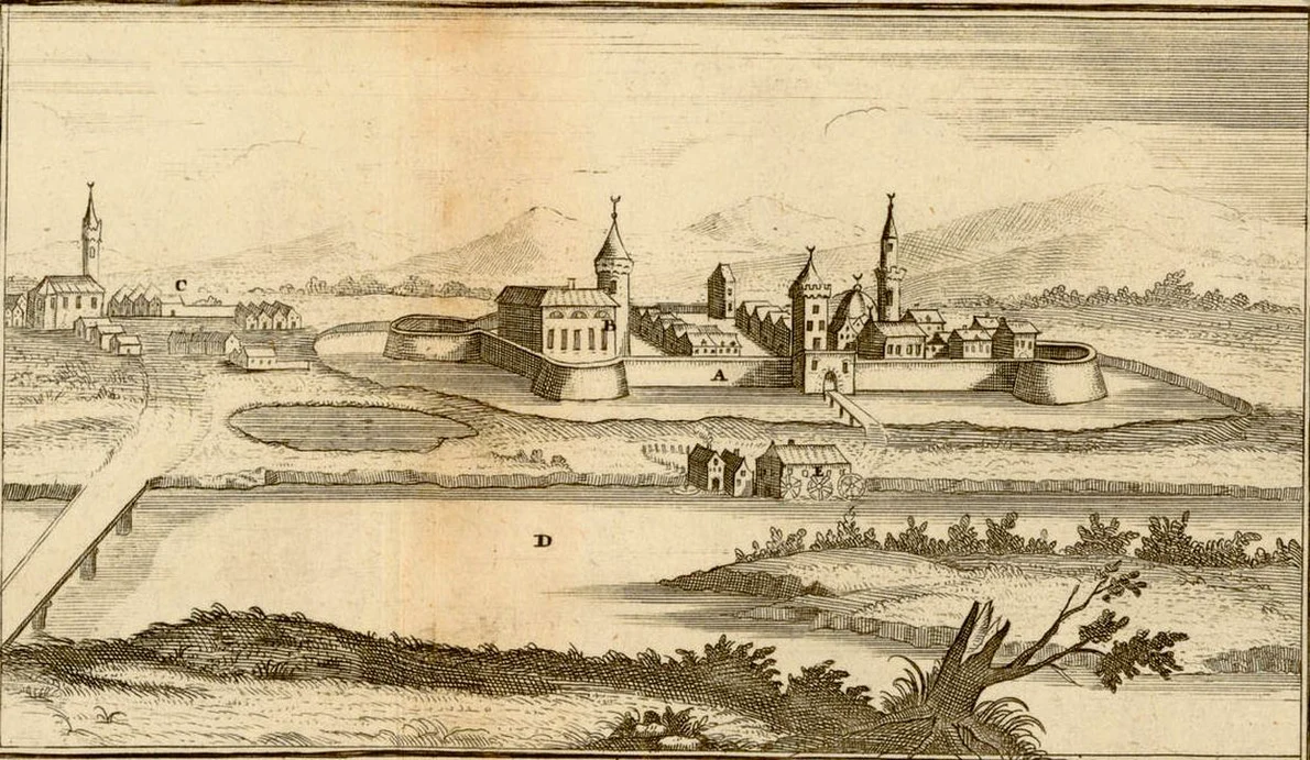 Timișoara în 1656, cu Castelul Huniade (reședința beilerbeiului) în centrul imaginii. Gravură de Nicolas Sanson 